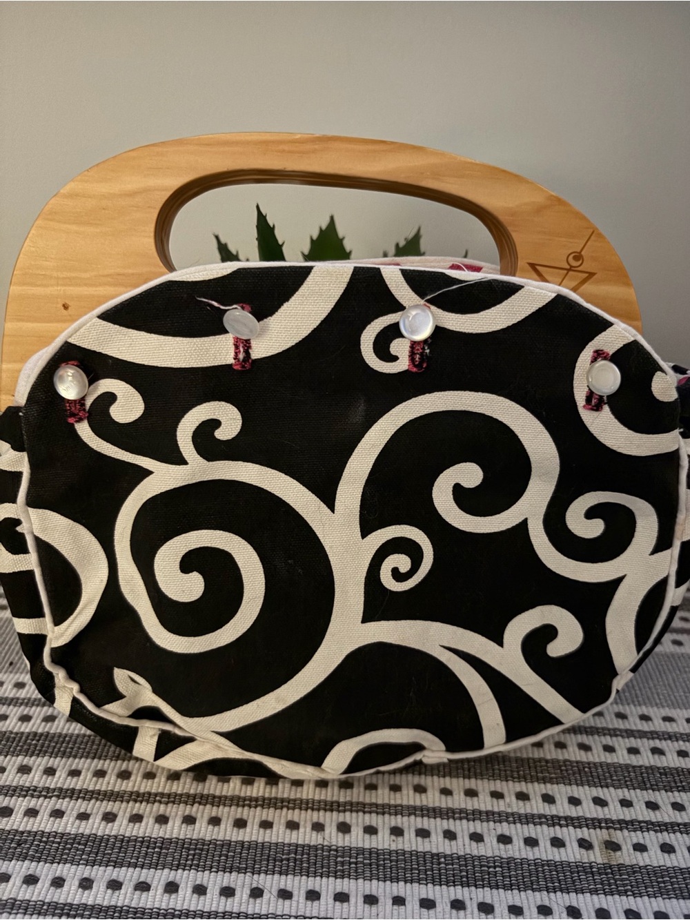 Black & White Swirl Tote with Wooden Handles